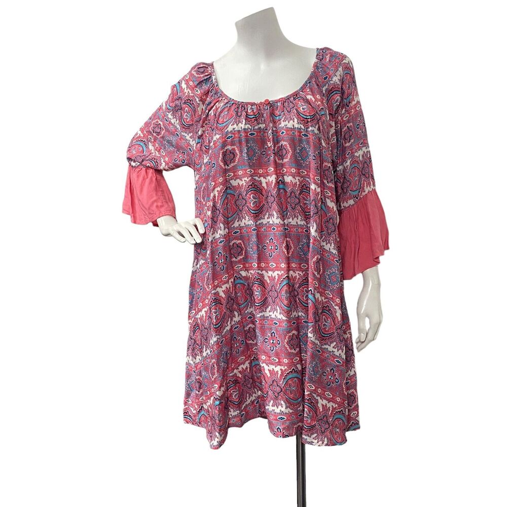 Altar'd State Women's Small Printed Mini Swing Bell Sleeves Dress Vacation Tour